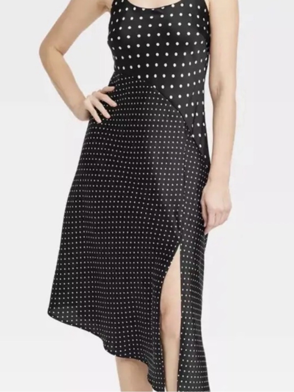 Black Polka Dot Slip asymmetric Midi Dress with Side Slit